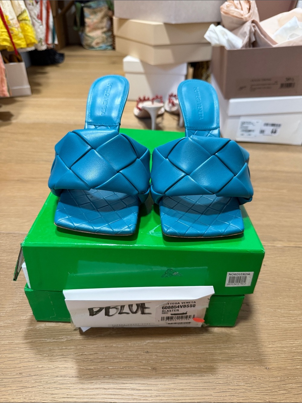 Bottega Veneta Blue Intrecciato Padded Slide Mules